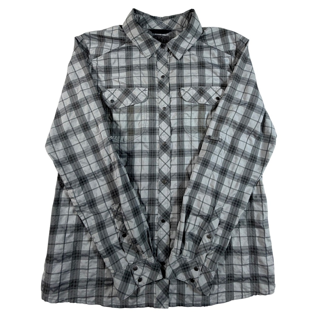 REI Mens Large Plaid Snap Front Long Sleeve Hiking Shirt Grey Black‎ RN37249